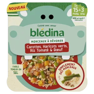 Plat bébé dès 15 mois morcraux de carottes haricots verts riz tomaté et bœuf 200g - BLEDINA