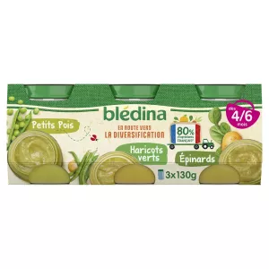 Petit pot petits pois haricots verts épinards dès 4 mois 3x130g - BLEDINA