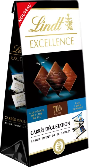 Chocolat Noir 70% à La Pointe De Fleur De Sel Et Lait Extra Fondant Carrés Dégustation Excellence Mini 154g - LINDT