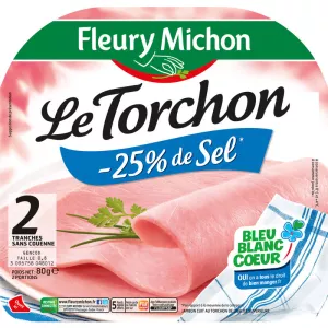 Jambon Le Torchon Cuit à l'Etouffée 25% de Sel Reduit, 80g - FLEURY MICHON