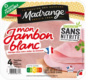 Mon Jambon Blanc Conservation sans Nitrite, 4 Tranches 140g - MADRANGE