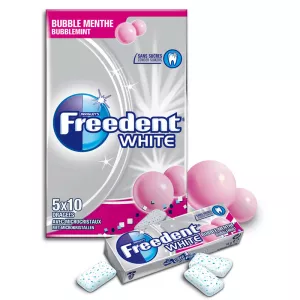 Kutafuna-gum sans sucres goût Bubble menthe nyeupe 70g - FREEDENT