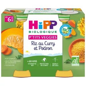 Tarritos bebe a partir de 6 meses arroz ecológico con curry y calabaza, 2 tarritos de 190g HIPP BioLOGIQUE