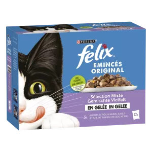 طعام القطط البالغة بالجيلي شرائح الدجاج والتونة والسلمون 12x85 جرام - PURINA FELIX