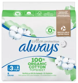 Serviettes Hygiéniques avec Ailettes Voile Supérieur 100% Coton Bio Nuit Taille 3 x8 - ALWAYS