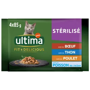 Food for Sterilized Adult Cats With Beef, Tuna, Chicken & Ocean Fish 4x85g - Ultima