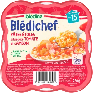 Plat bébé dès 15 mois pâtes étoiles à la Sauce tomate et jambon Blédichef la barquette de 250g - BLÉDINA