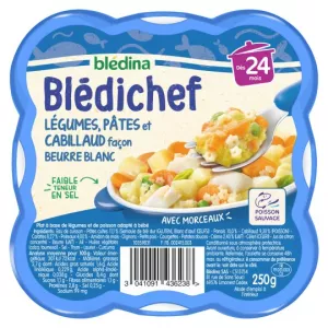 Plat bébé dès 24 mois légumes; pâtes et cabillaud façon beurre blanc Blédichef la barquette de 250g - BLÉDINA
